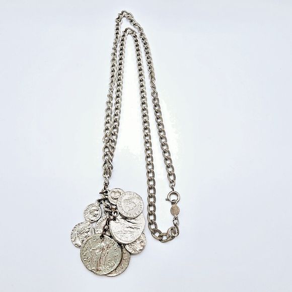 Accessocraft NYC Coin Necklace Vtg Old World Roman Textured Links Dangle Charm - Picture 2 of 11